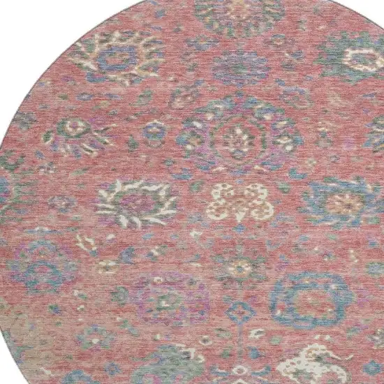 8' Coral Blue And Ivory Oriental Washable Round Rug With UV Protection Photo 3