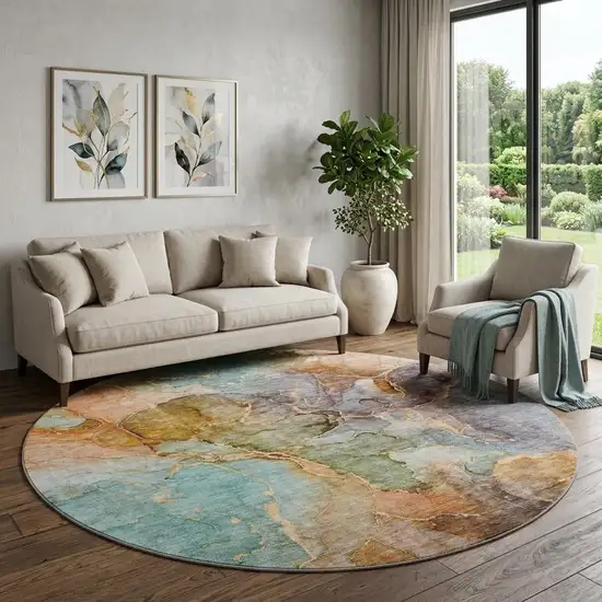 8' Coral Blue And Purple Abstract Washable Round Rug With UV Protection Photo 1