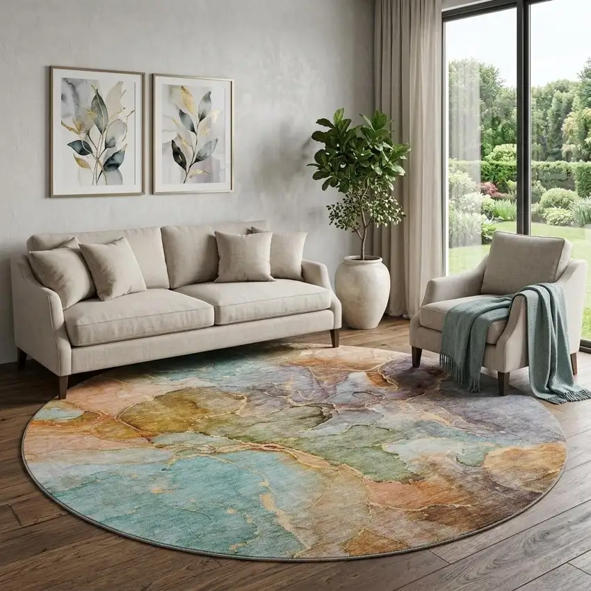 8' Coral Blue And Purple Abstract Washable Round Rug With UV Protection Photo 1