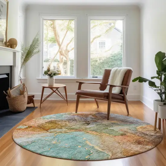 8' Coral Blue And Purple Abstract Washable Round Rug With UV Protection Photo 4