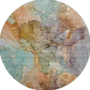 Photo of 8' Coral Blue And Purple Abstract Washable Round Rug With UV Protection