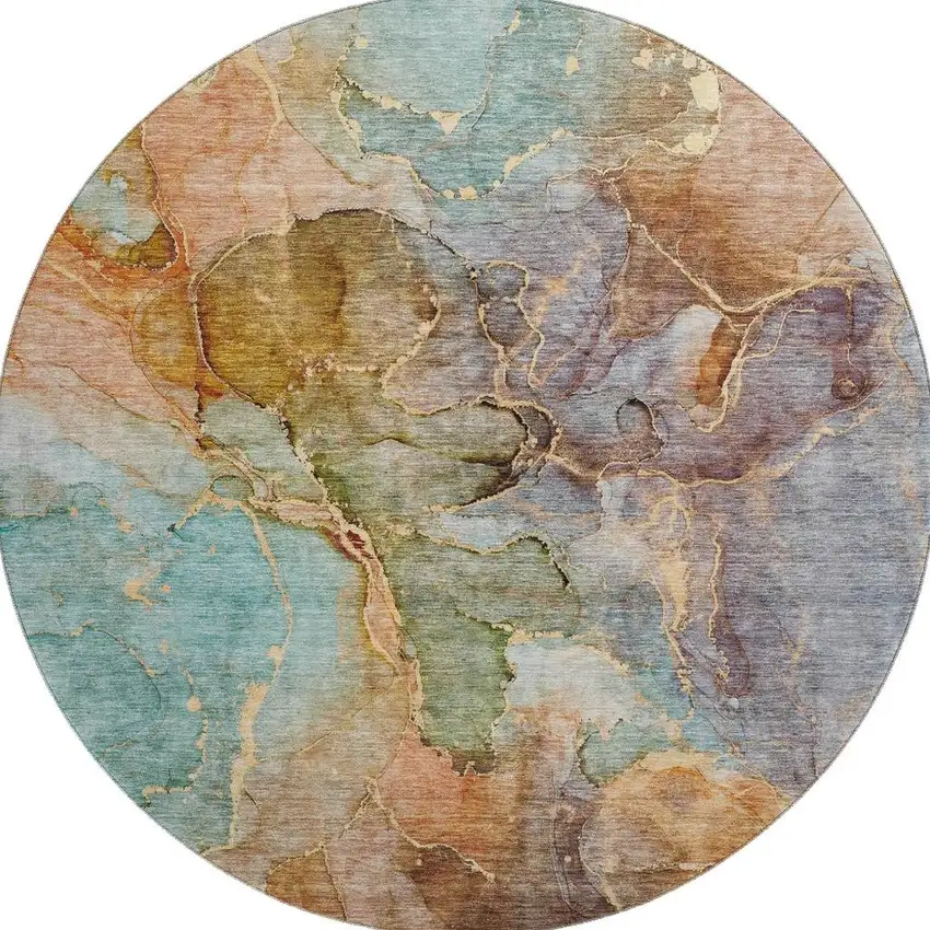 8' Coral Blue And Purple Abstract Washable Round Rug With UV Protection Photo 1