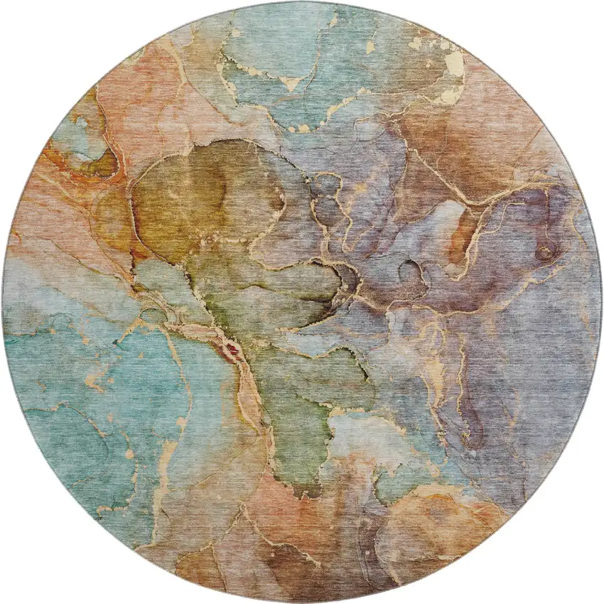 8' Coral Blue And Purple Abstract Washable Round Rug With UV Protection Photo 6