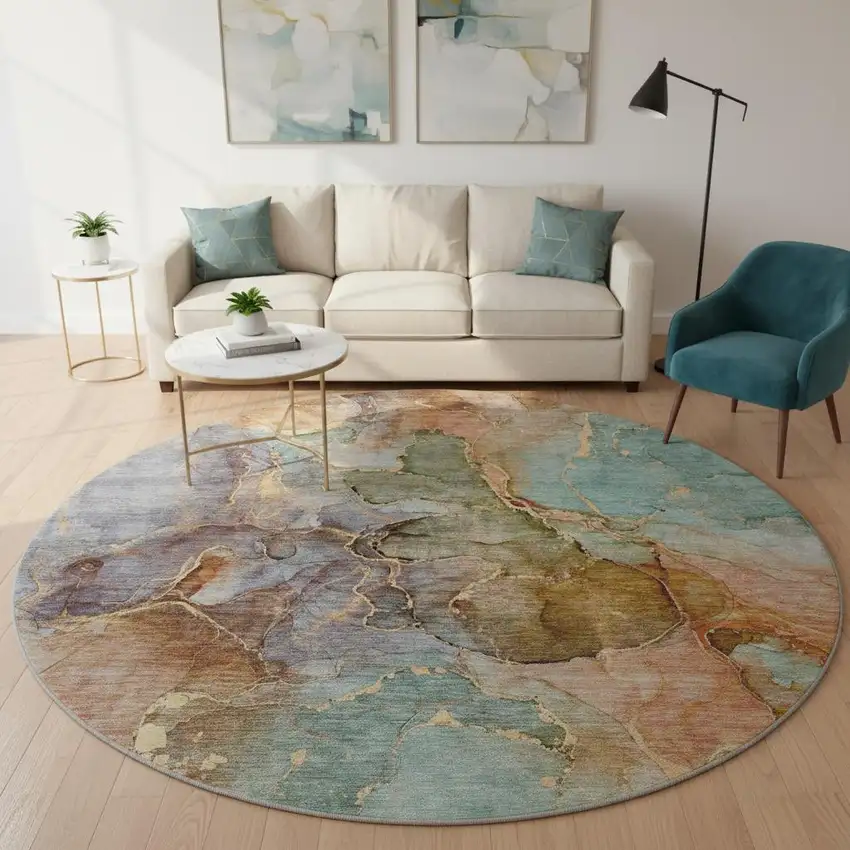 8' Coral Blue And Purple Abstract Washable Round Rug With UV Protection Photo 2