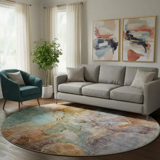 8' Coral Blue And Purple Abstract Washable Round Rug With UV Protection Photo 1