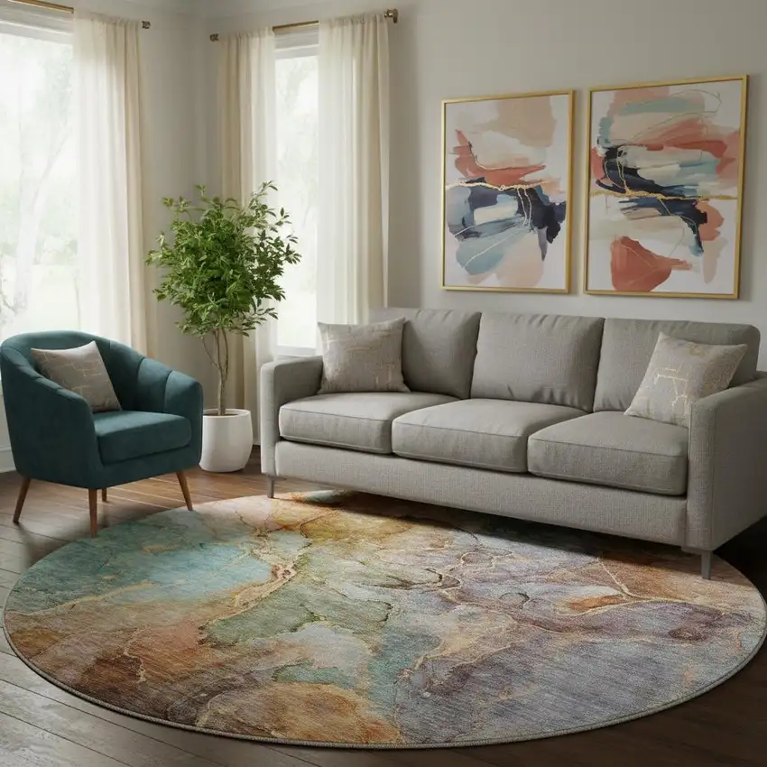 8' Coral Blue And Purple Abstract Washable Round Rug With UV Protection Photo 1