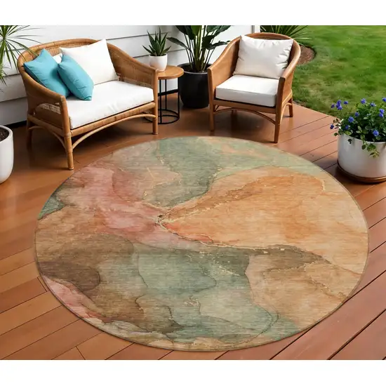 8' Coral Brown And Mint Green Round Abstract Washable Indoor Outdoor Area Rug Photo 2