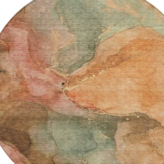 8' Coral Brown And Mint Green Round Abstract Washable Indoor Outdoor Area Rug Photo 9