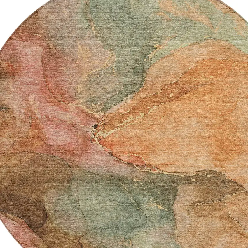 8' Coral Brown And Mint Green Round Abstract Washable Indoor Outdoor Area Rug Photo 9