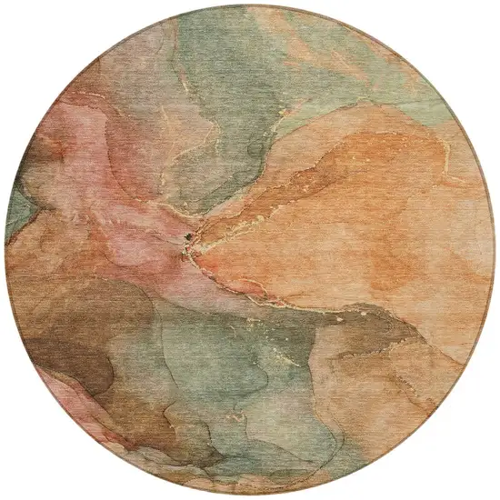 8' Coral Brown And Mint Green Round Abstract Washable Indoor Outdoor Area Rug Photo 3
