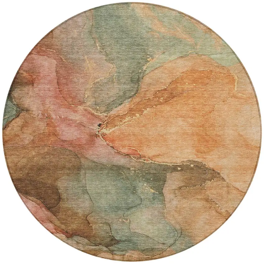8' Coral Brown And Mint Green Round Abstract Washable Indoor Outdoor Area Rug Photo 3