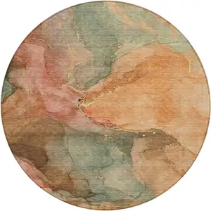 Photo of 8' Coral Brown And Mint Green Round Abstract Washable Indoor Outdoor Area Rug