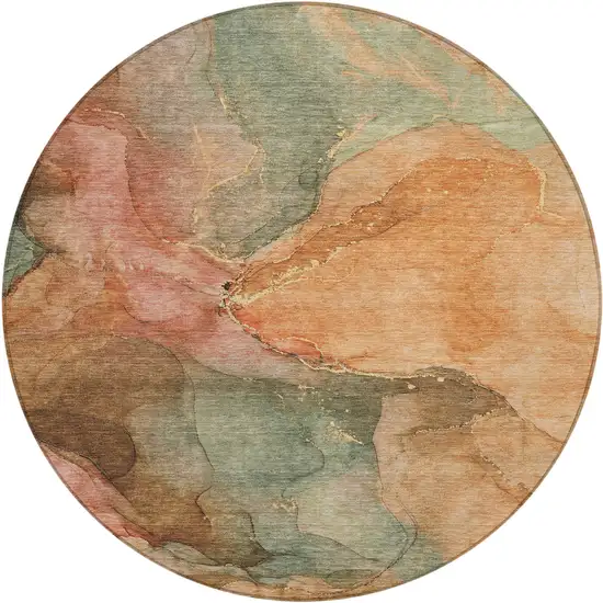 8' Coral Brown And Mint Green Round Abstract Washable Indoor Outdoor Area Rug Photo 1