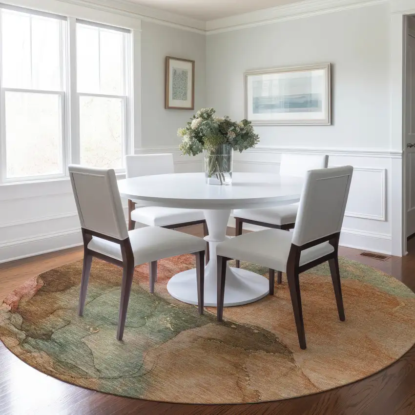 8' Coral Brown And Mint Green Round Abstract Washable Indoor Outdoor Area Rug Photo 7