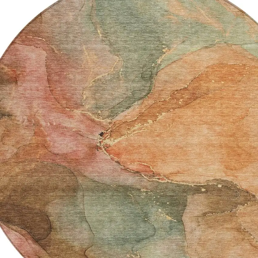 8' Coral Brown And Mint Green Round Abstract Washable Indoor Outdoor Area Rug Photo 4