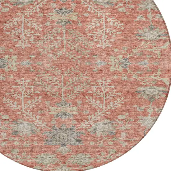 8' Coral Charcoal And Gray Round Floral Washable Indoor Outdoor Area Rug Photo 5