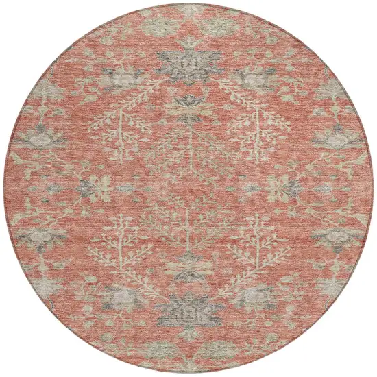 8' Coral Charcoal And Gray Round Floral Washable Indoor Outdoor Area Rug Photo 6