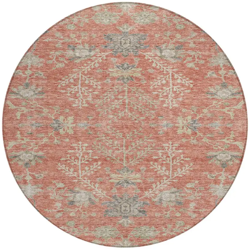 8' Coral Charcoal And Gray Round Floral Washable Indoor Outdoor Area Rug Photo 6