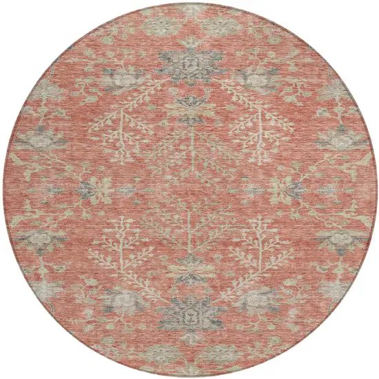 8' Coral Charcoal And Gray Round Floral Washable Indoor Outdoor Area Rug Photo 2
