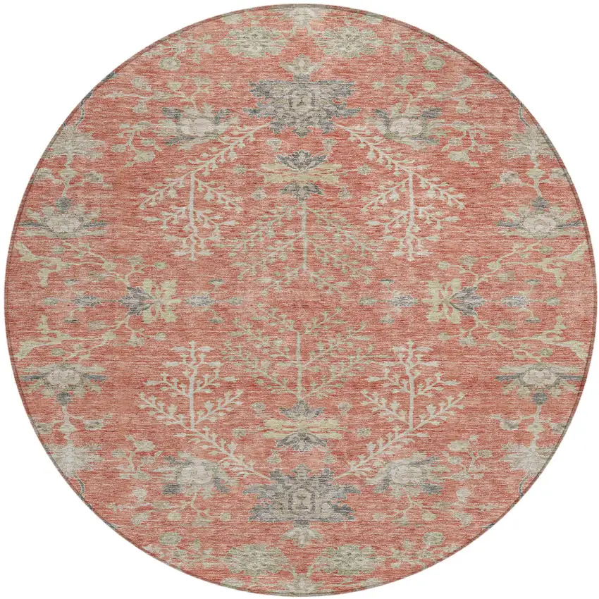 8' Coral Charcoal And Gray Round Floral Washable Indoor Outdoor Area Rug Photo 2