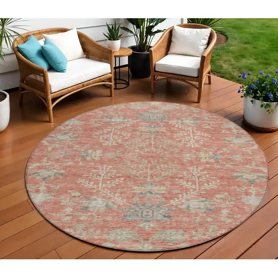 8' Coral Charcoal And Gray Round Floral Washable Indoor Outdoor Area Rug Photo 1