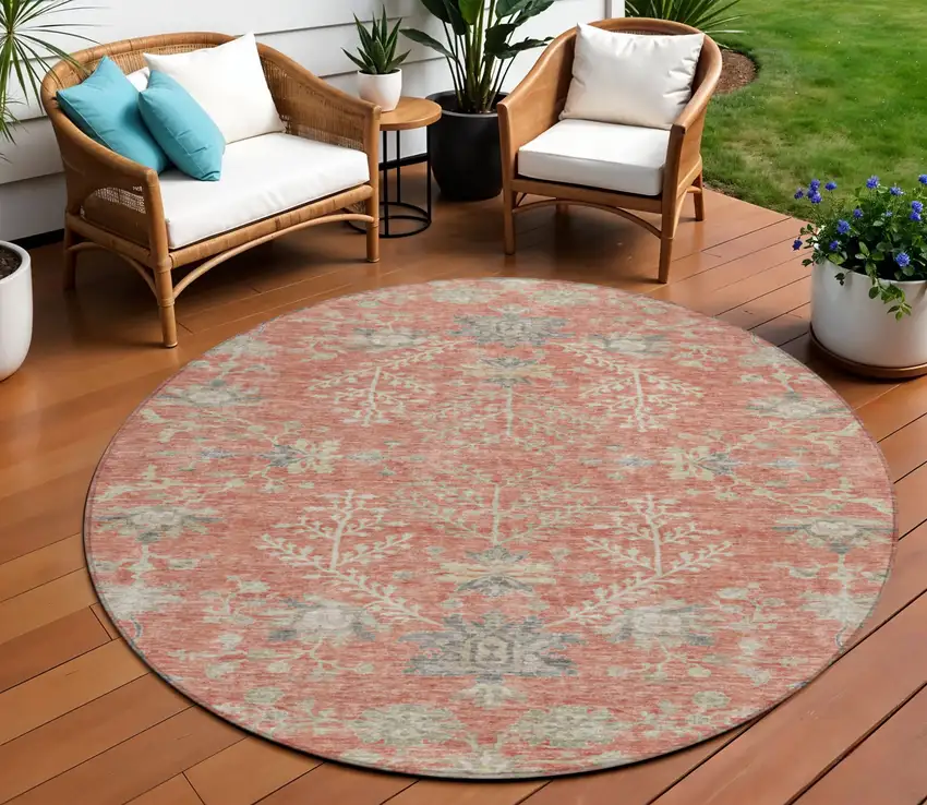8' Coral Charcoal And Gray Round Floral Washable Indoor Outdoor Area Rug Photo 1