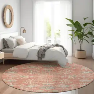 Photo of 8' Coral Charcoal And Gray Round Floral Washable Indoor Outdoor Area Rug