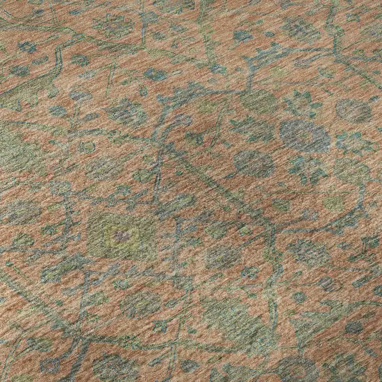 8' Coral Denim Blue And Green Oriental Washable Round Rug With UV Protection Photo 8