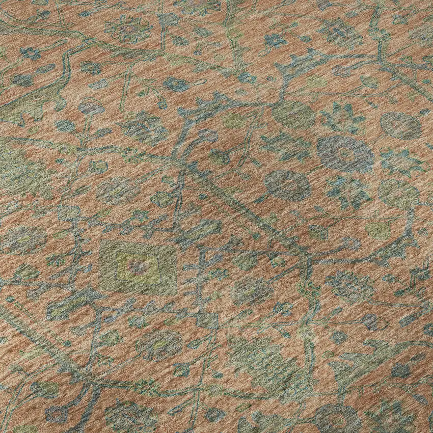 8' Coral Denim Blue And Green Oriental Washable Round Rug With UV Protection Photo 8