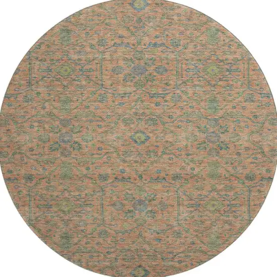 8' Coral Denim Blue And Green Oriental Washable Round Rug With UV Protection Photo 3