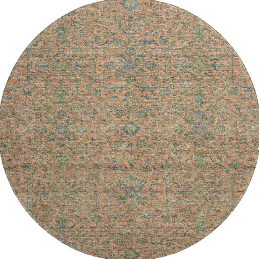 8' Coral Denim Blue And Green Oriental Washable Round Rug With UV Protection Photo 3