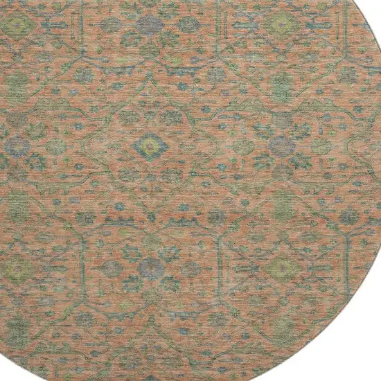 8' Coral Denim Blue And Green Oriental Washable Round Rug With UV Protection Photo 2