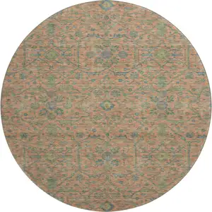 Photo of 8' Coral Denim Blue And Green Oriental Washable Round Rug With UV Protection