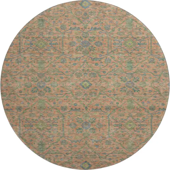 8' Coral Denim Blue And Green Oriental Washable Round Rug With UV Protection Photo 1