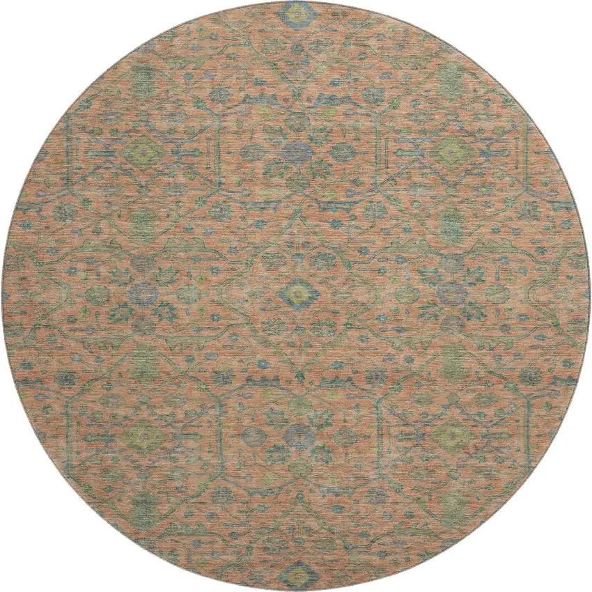 8' Coral Denim Blue And Green Oriental Washable Round Rug With UV Protection Photo 1
