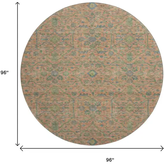 8' Coral Denim Blue And Green Oriental Washable Round Rug With UV Protection Photo 9