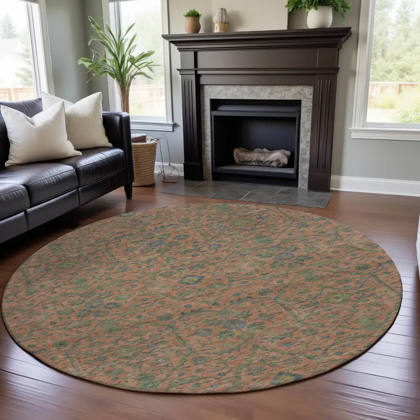 8' Coral Denim Blue And Green Oriental Washable Round Rug With UV Protection Photo 4