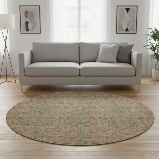 8' Coral Denim Blue And Green Oriental Washable Round Rug With UV Protection Photo 2