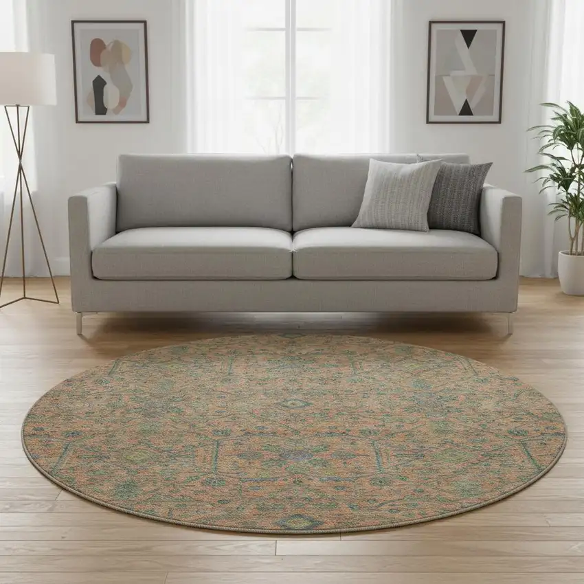 8' Coral Denim Blue And Green Oriental Washable Round Rug With UV Protection Photo 2
