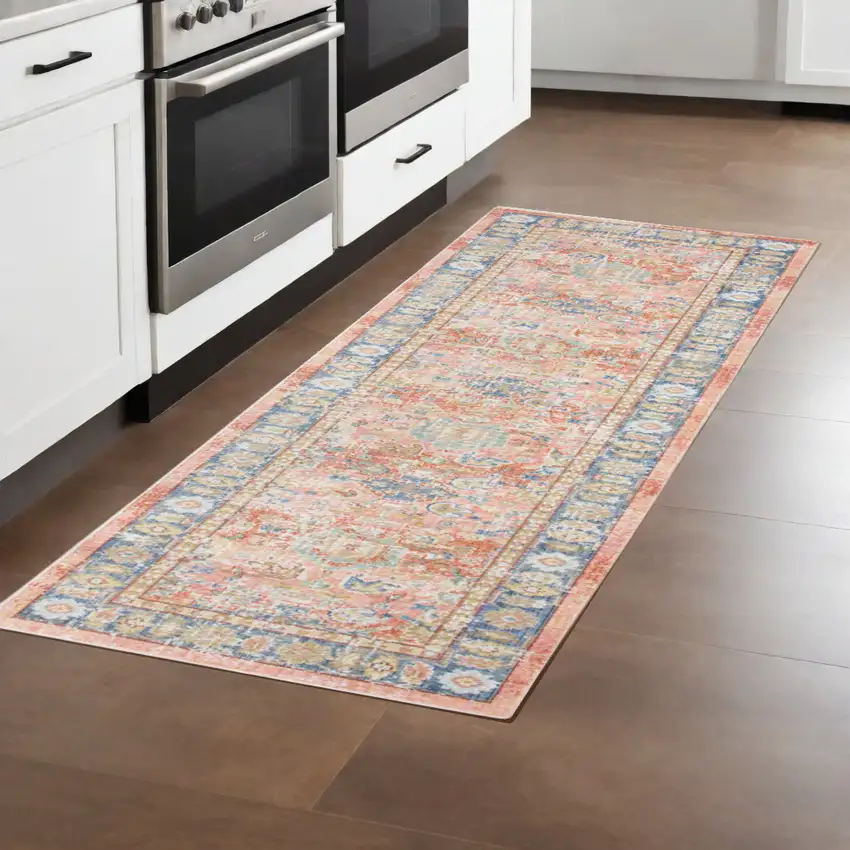 8' Blue Gold and Orange Floral Power Loom Runner Rug Photo 1