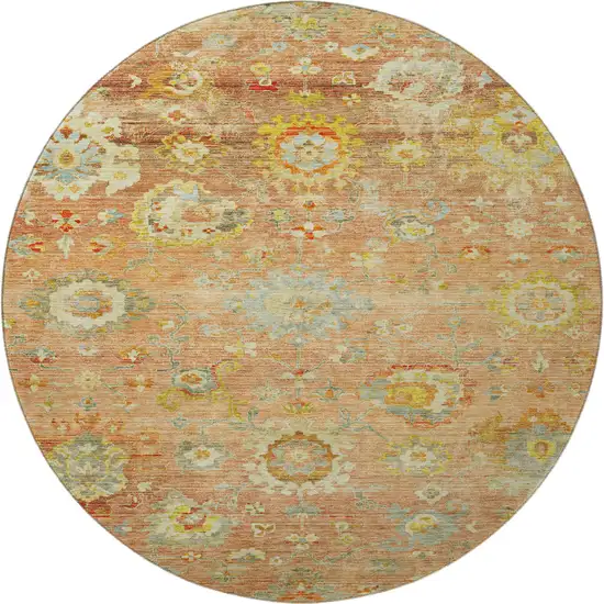 8' Coral Gold And Blue Floral Washable Round Rug With UV Protection Photo 4