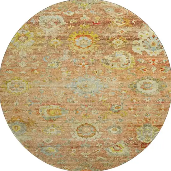 8' Coral Gold And Blue Floral Washable Round Rug With UV Protection Photo 2
