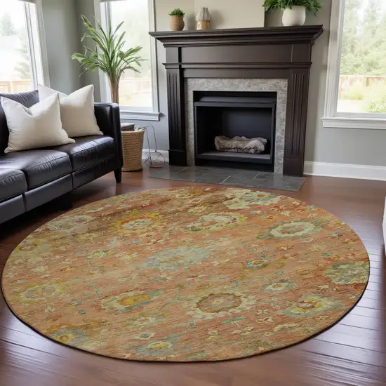 8' Coral Gold And Blue Floral Washable Round Rug With UV Protection Photo 4