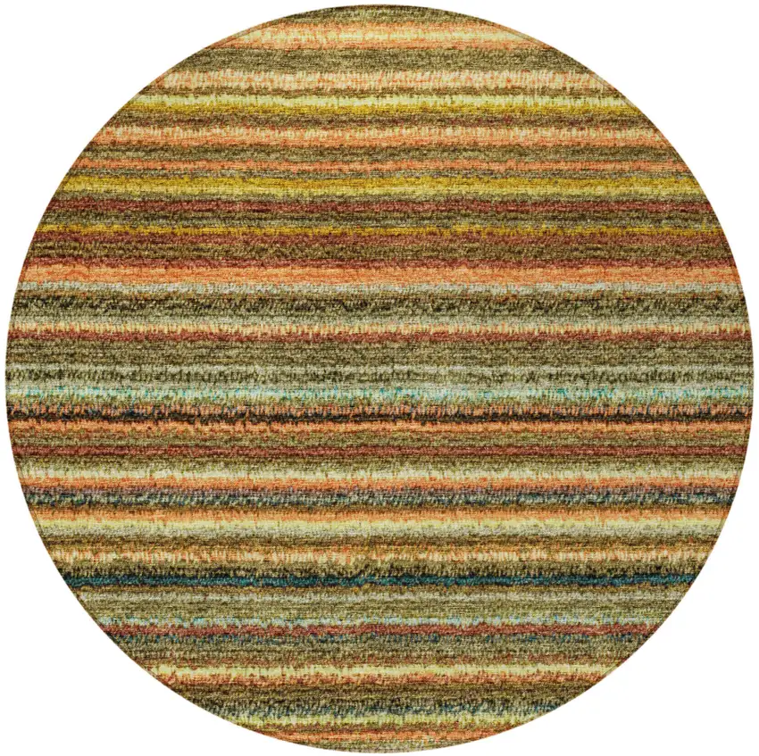 8' Coral Gold And Green Round Striped Washable Indoor Outdoor Area Rug Photo 5