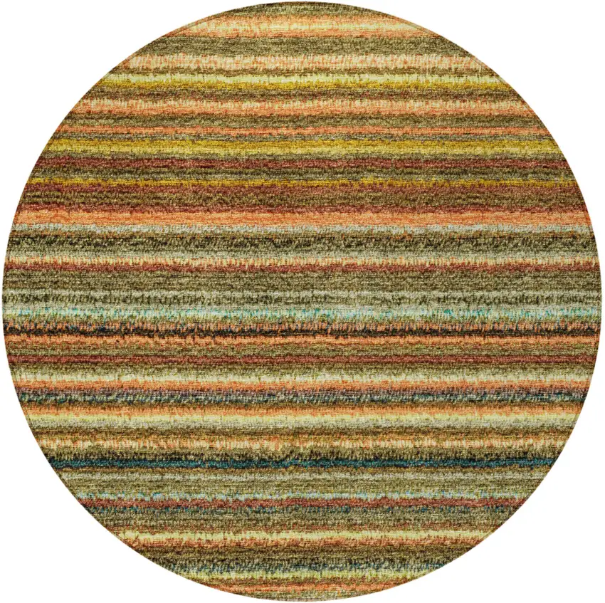 8' Coral Gold And Green Round Striped Washable Indoor Outdoor Area Rug Photo 5