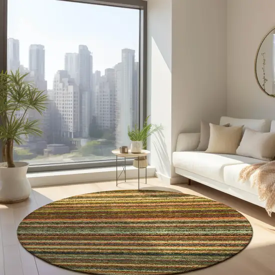 8' Coral Gold And Green Round Striped Washable Indoor Outdoor Area Rug Photo 7