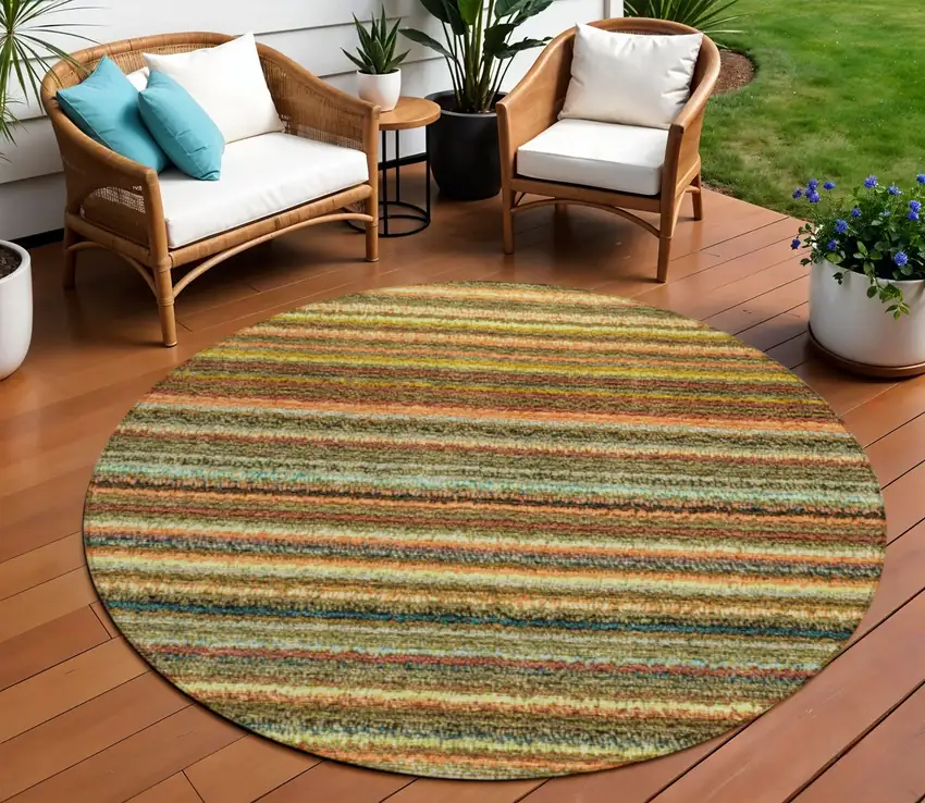 8' Coral Gold And Green Round Striped Washable Indoor Outdoor Area Rug Photo 1