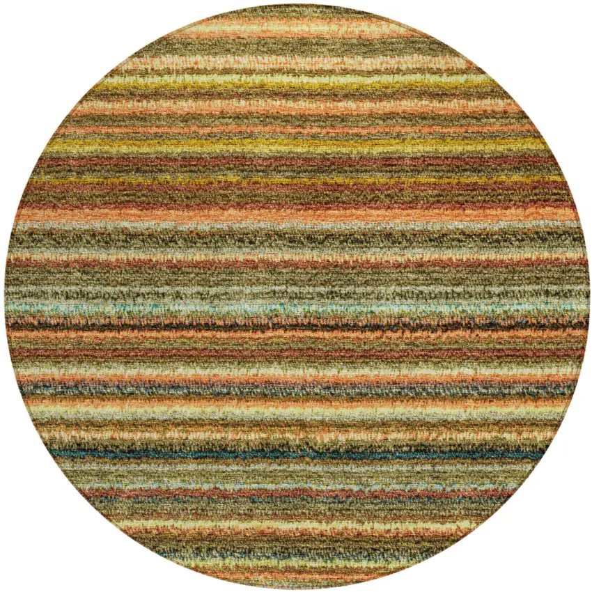 8' Coral Gold And Green Round Striped Washable Indoor Outdoor Area Rug Photo 2