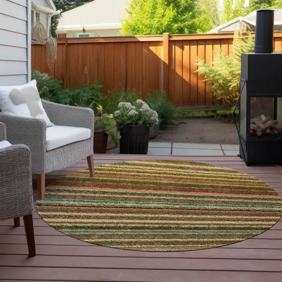 8' Coral Gold And Green Round Striped Washable Indoor Outdoor Area Rug Photo 6