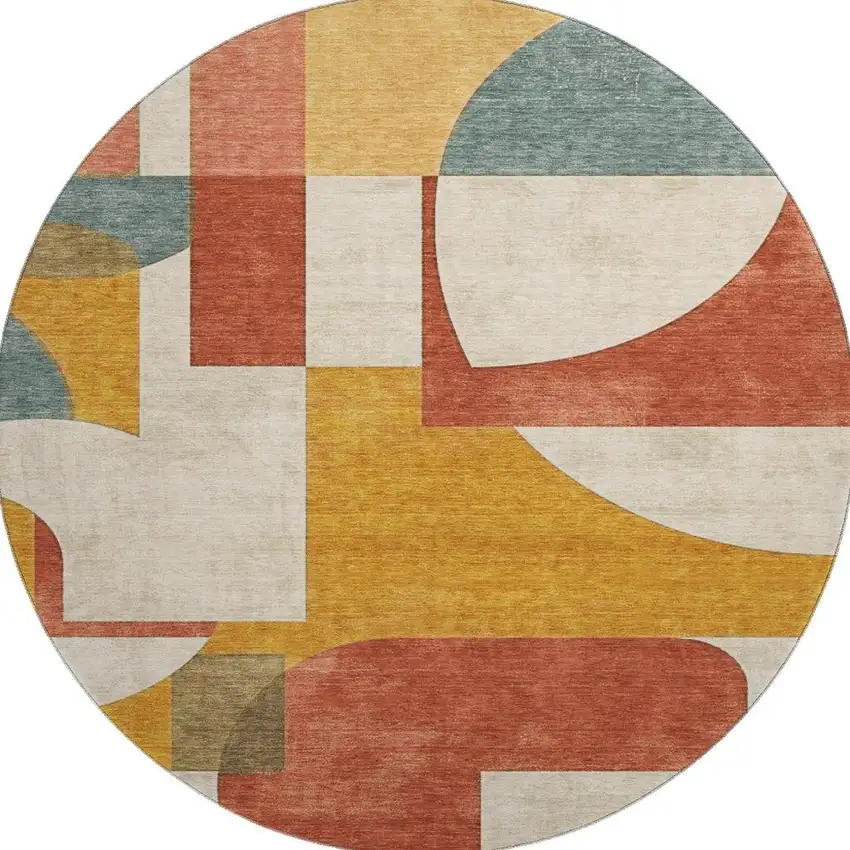 8' Coral Gold And Ivory Abstract Geometric Washable Round Rug With UV Protection Photo 3